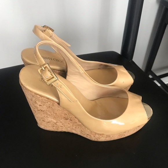 Jimmy Choo Nude Patent Leather Slingback Wedges 36.5 - Picture 3 of 6
